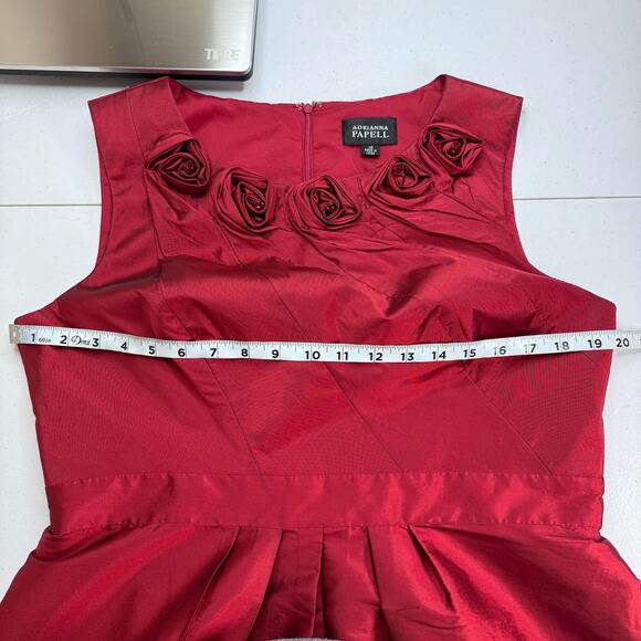 Adrianna Papell Rosette Pleated Red Cocktail Dress Women's 14 Party Holiday Glam - Picture 8 of 13